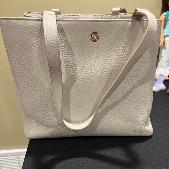 Dagne Dover Handbags - Dagne Dover Cream Pebbled Leather Laptop Tote with Rose Gold Accent